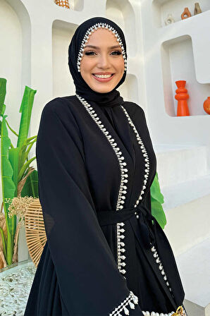 İnci Detaylı Abaya Elbise Takım 8493 Siyah