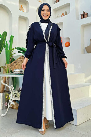 Kolları Fırfırlı Taş Detay Abayalı Takım 8484 Lacivert