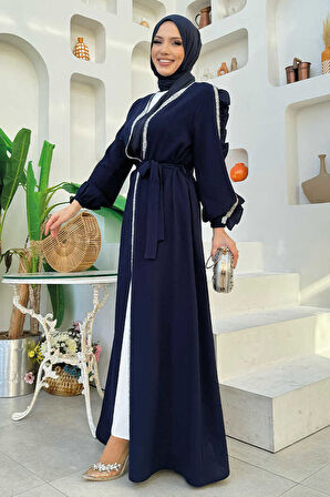 Kolları Fırfırlı Taş Detay Abayalı Takım 8484 Lacivert