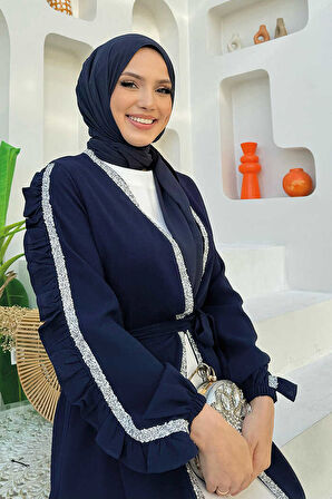 Kolları Fırfırlı Taş Detay Abayalı Takım 8484 Lacivert