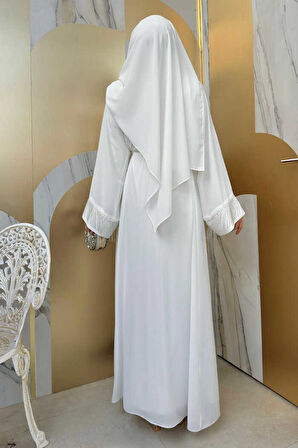 Zincir Püskül Detay Şallı Abaya 7887 Ekru