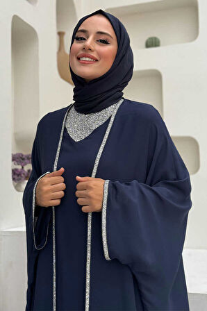 Taş İşleme Detay Elbiseli Pelerin Takım 8496 Lacivert