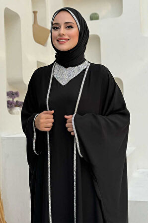 Taş İşleme Detay Elbiseli Pelerin Takım 8496 Siyah