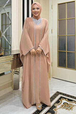 Taş İşleme Detay Elbiseli Pelerin Takım 8496 Vizon