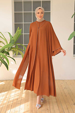 Taş İşleme Detaylı Elbise Abaya Takım 3873 Taba