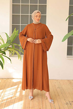 Taş İşleme Detaylı Elbise Abaya Takım 3873 Taba