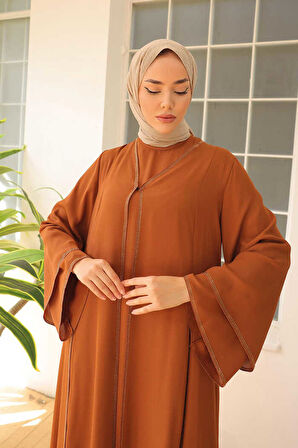 Taş İşleme Detaylı Elbise Abaya Takım 3873 Taba