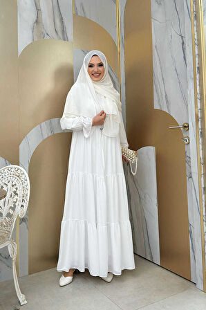 Kol Lastikli Kat Görünümlü Abayalı Elbise Takım 3859 Ekru