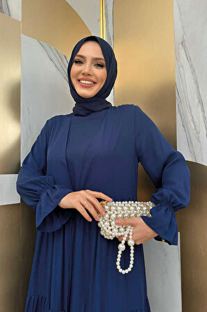 Kol Lastikli Kat Görünümlü Abayalı Elbise Takım 3859 Lacivert