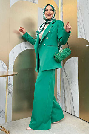 Düğme Detay Blazer Ceket Bol Pantolon Takım 8302 Yeşil