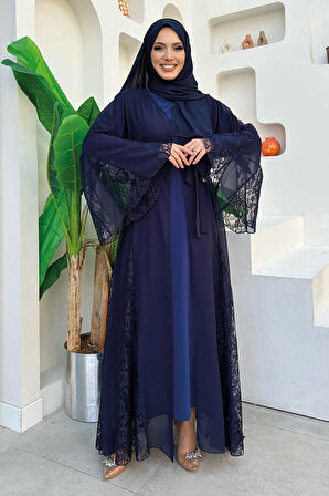 Dantel İşleme Detay Kuşaklı Şifon Abaya 7886 Lacivert