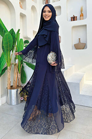 Dantel İşleme Detay Kuşaklı Şifon Abaya 7886 Lacivert