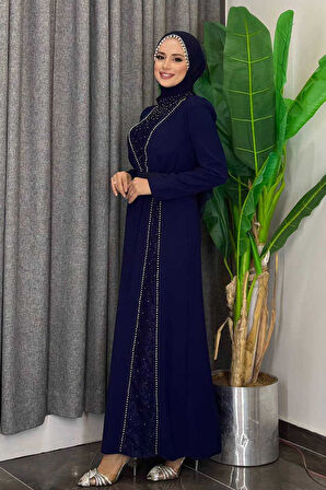 Taşlı Krep Dantel Elbise 3870 Lacivert