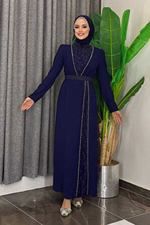 Taşlı Krep Dantel Elbise 3870 Lacivert