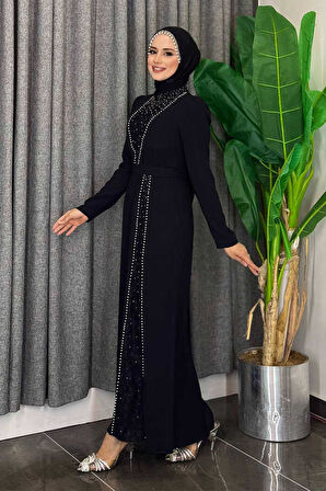 Taşlı Krep Dantel Elbise 3870 Siyah