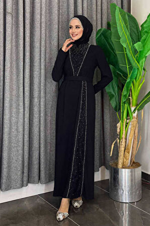 Taşlı Krep Dantel Elbise 3870 Siyah
