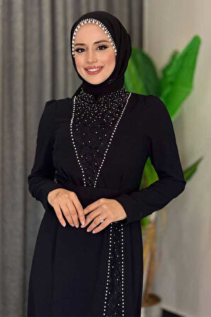 Taşlı Krep Dantel Elbise 3870 Siyah