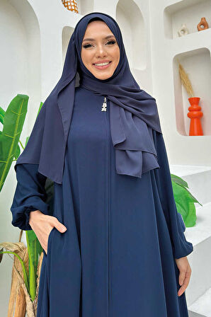 Fermuarlı Kol Manşetleri Büzgülü Mevlana Ferace 6007 Lacivert