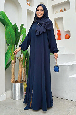 Fermuarlı Kol Manşetleri Büzgülü Mevlana Ferace 6007 Lacivert