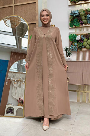 Pul İşlemeli Yelekli Elbise Takım 8498 Vizon