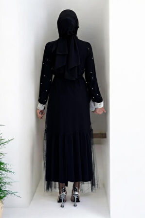 İncili Abaya Ve Elbise Takım 8491 Siyah