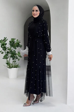 İncili Abaya Ve Elbise Takım 8491 Siyah