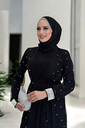 İncili Abaya Ve Elbise Takım 8491 Siyah