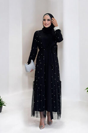 İncili Abaya Ve Elbise Takım 8491 Siyah