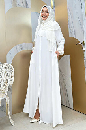 Fermuarlı Kol Manşetleri Büzgülü Mevlana Ferace 6007 Ekru