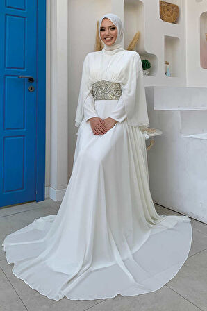 Pelerinli Bel Taş İşleme Detay Şifon Abiye Elbise 5001 Ekru