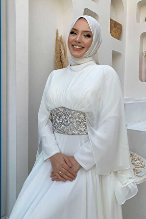 Pelerinli Bel Taş İşleme Detay Şifon Abiye Elbise 5001 Ekru