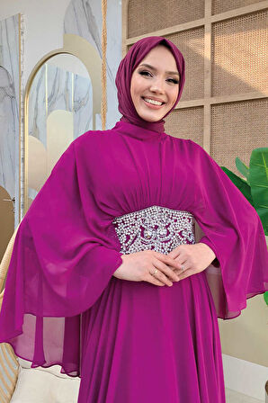 Bym Fashion Pelerinli Bel Taş İşleme Detay Şifon Abiye Elbise 5001 Mürdüm