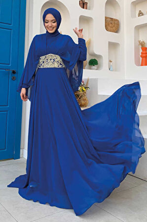 Bym Fashion Pelerinli Bel Taş İşleme Detay Şifon Abiye Elbise 5001 Saks