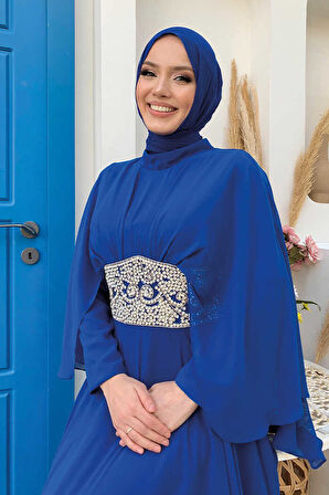 Bym Fashion Pelerinli Bel Taş İşleme Detay Şifon Abiye Elbise 5001 Saks