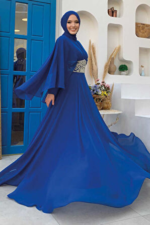 Bym Fashion Pelerinli Bel Taş İşleme Detay Şifon Abiye Elbise 5001 Saks