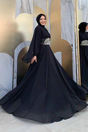 Bym Fashion Pelerinli Bel Taş İşleme Detay Şifon Abiye Elbise 5001 Siyah
