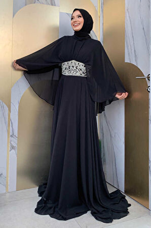 Bym Fashion Pelerinli Bel Taş İşleme Detay Şifon Abiye Elbise 5001 Siyah