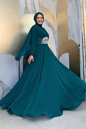 Bym Fashion Pelerinli Bel Taş İşleme Detay Şifon Abiye Elbise 5001 Zümrüt