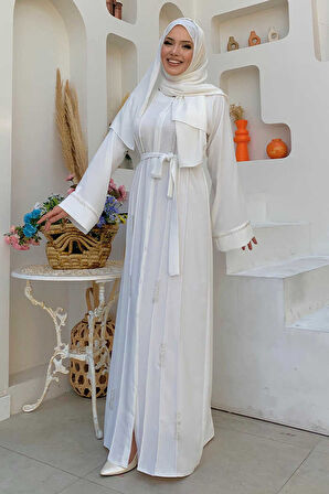 Boncuk İşlemeli Tam Boy Ferace 7894 Ekru