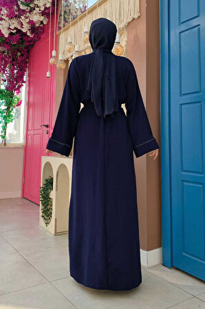 Boncuk İşlemeli Tam Boy Ferace 7894 Lacivert