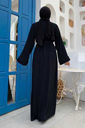 Boncuk İşlemeli Tam Boy Ferace 7894 Siyah
