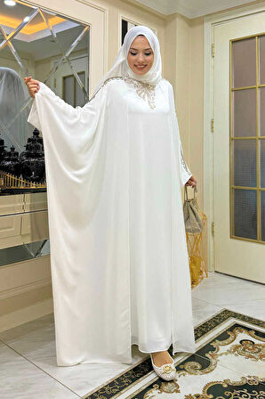 Taş İşlemeli Elbiseli Abaya Takım 8499 Ekru