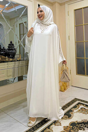 Taş İşlemeli Elbiseli Abaya Takım 8499 Ekru