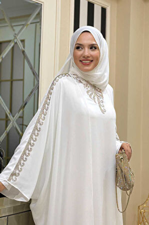 Taş İşlemeli Elbiseli Abaya Takım 8499 Ekru