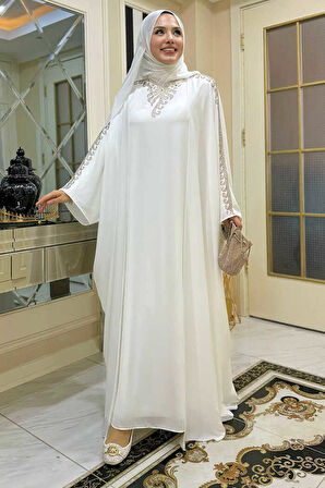 Taş İşlemeli Elbiseli Abaya Takım 8499 Ekru
