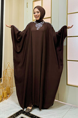 Taş İşlemeli Elbiseli Abaya Takım 8499 Kahverengi
