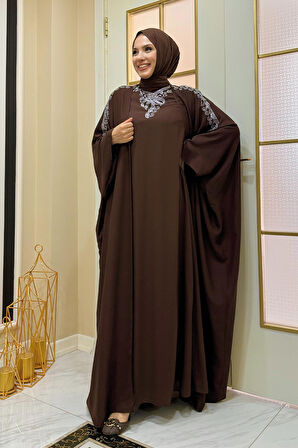 Taş İşlemeli Elbiseli Abaya Takım 8499 Kahverengi