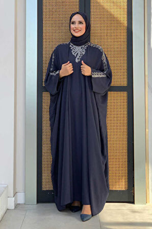 Taş İşlemeli Elbiseli Abaya Takım 8499 Lacivert