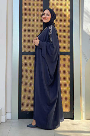 Taş İşlemeli Elbiseli Abaya Takım 8499 Lacivert