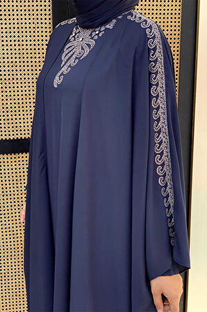 Taş İşlemeli Elbiseli Abaya Takım 8499 Lacivert